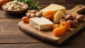 A rustic wooden cheese station features an aesthetically appealing array of cheeses nuts and dried apricots under warm lighting that highlights the textures while creating visual interest through photo