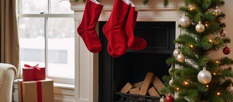 Red stockings hung above fireplace decorated Christmas tree and presents beneath snowy window view photo