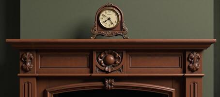 A vintage oldfashioned fireplace is depicted with a carriage clock on the mantelpiece 3D rendered photo