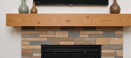 Modern rustic fireplace featuring stacked stone and wooden mantel design photo