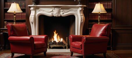 Two red leather armchairs facing a fireplace in a booklined library photo