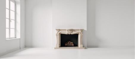 A 3D render of an empty classicallystyled white room featuring a fireplace photo