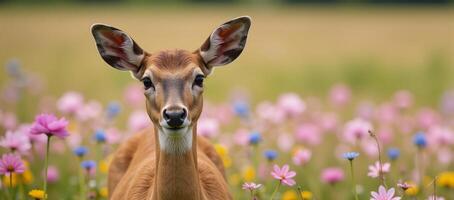 Watercolor image featuring a deer surrounded by blooming flowers photo