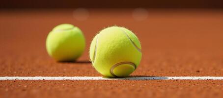 Macro image of a yellow tennis ball on a red court line photo