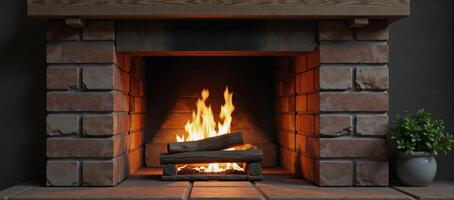 Traditional fireplace scene featuring roaring fire on empty mantelpiece shelf 3D rendering photo