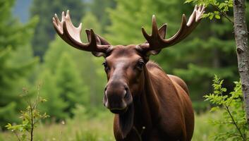 Digital illustration depicting an individual sitting on a log accompanied by a lifelike moose photo