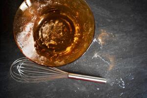 A bright and shiny whisk is positioned right next to a large bowl filled with a smooth and creamy liquid, ready for use photo