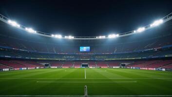 Digital 3D stadium scene with an empty grand sports building against an adbackdrop showcasing a brightly lit illuminated universal grass field under glaring spotlights photo