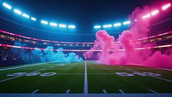 Computergenerated American football stadium field with smoke and neon background ideal for various graphic designs like flyers brochures ads booklets or leaflets photo