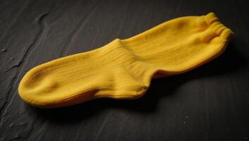 A solitary vibrant yellow sock rests upon a weathered rugged dark background photo