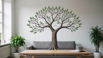 Illustrated family tree depicted within an office setting backdrop to represent growth connection photo