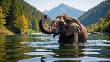 Animated elephant serenely bathing within a vibrant forest landscape alongside a river photo