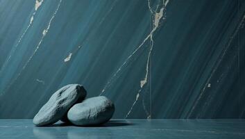 A minimalist image featuring an elegant bluetoned marble textured backdrop with natural rock patterns and grungy stone walls photo