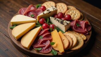 Aerial view captures stunningly detailed charcuterie board with delectable array of cheeses and meats photo