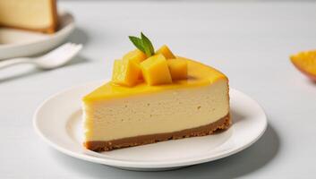 Delicious glazed mango cheesecake with fresh mango pulp toppings against a brightcolored setting Generative photo