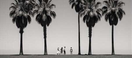 A portrait features a subject against a backdrop of palm trees rendered in stark black and white tones photo