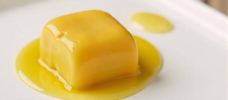 A photorealistic portrait featuring a yellow block of cheese with a yellow drizzle overlay photo