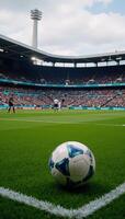 Player readied for soccer match standing in midfield with ball on lush grass atop a stadium photo