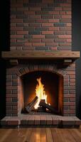 Traditional fireplace scene featuring roaring fire on empty mantelpiece shelf 3D rendering photo