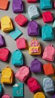 A colorful arrangement of unique backpacks lunchboxes notebooks flows dynamically against a neutral chalkboard backdrop HD photo