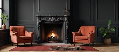 A captivating highresolution 3D rendering showcases an elegant classic black living room complete with a fireplace comfortable armchairs and intricate details such as wall paneling moldings and plush photo