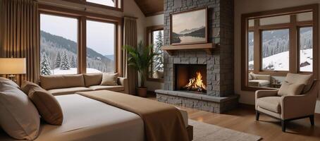 A cozy photorealistic 3D model of an open floor plan cabin bedroom with a crackling fireplace amidst a snowy winter landscape photo