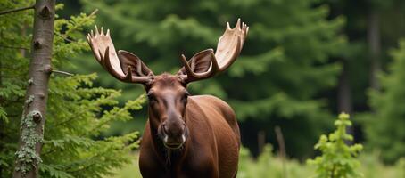 Digital illustration depicting an individual sitting on a log accompanied by a lifelike moose photo