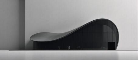 Modern dark curved skyscraper set against a minimalist square ground background 3D Rendering photo