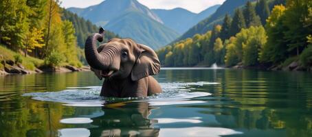 Animated elephant serenely bathing within a vibrant forest landscape alongside a river photo