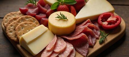 Aerial view captures stunningly detailed charcuterie board with delectable array of cheeses and meats photo