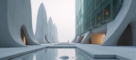 Stylized 3D rendering showcases an intricate futuristic glass structure atop an empty concrete platform photo