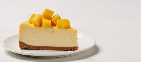 Delicious glazed mango cheesecake with fresh mango pulp toppings against a brightcolored setting Generative photo