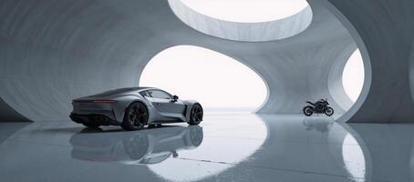 3D render of an empty abstract futuristic space featuring concrete floors as backdrop for cars and motorcycles photo