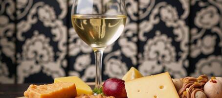Closeup view of a white wine and cheese board on a stylishly designed backdrop photo