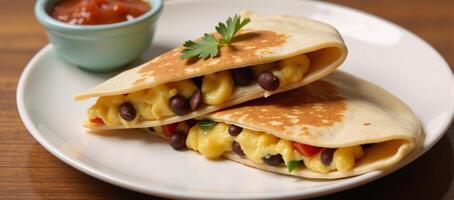 Scrambled egg black bean breakfast quesadilla with sauted bell peppers and melted pepper jack cheese photo