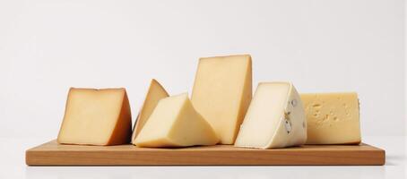 illustration Assorted cheese types neatly arranged on a wooden board against a white backdrop for text placement photo