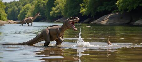 A prehistoric scene shows Baryonyx fishing in a shallow river surrounded by leaping fish and nearby dinosaurs photo