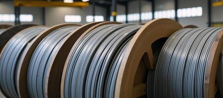 Wire coiled on a wooden reel in a warehouse setting photo