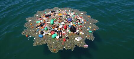 Floating plastic trash depicts environmental and ocean pollution issue photo