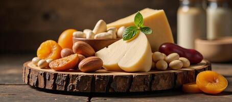 A rustic wooden cheese station features an aesthetically appealing array of cheeses nuts and dried apricots under warm lighting that highlights the textures while creating visual interest through photo