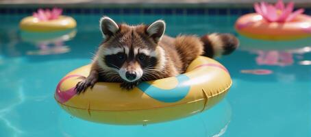 Raccoon floating leisurely on raft in swimming pool with floater photo
