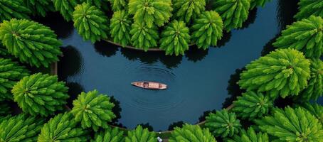 Aerial perspective showcasing a verdant river winding through a lush forest flanked by towering green trees featuring a solitary boat adrift on the waters surface photo