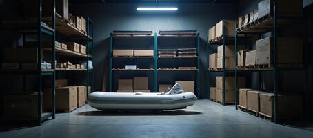 Illuminated organized shelves create a tranquil atmosphere within a warehouse corner photo