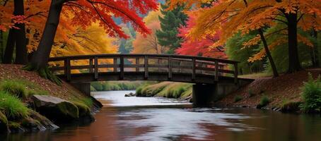 Picturesque autumn scene serene river flowing under colorful trees with a charming wooden bridge photo