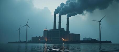 3D render of polluting factory with wind turbines showcasing air pollution renewables in a cool blue palette photo