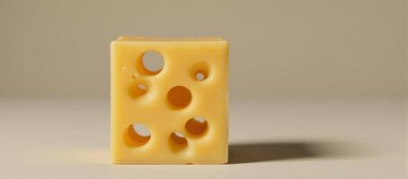 A digital illustration portraying a photorealistic cube made entirely out of Swiss cheese highlighting its characteristic holes photo