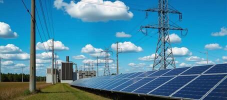 A hyperrealistic illustration featuring an intricate power system with renewable grid and electric transmission lines set against a backdrop of dynamic electric energy photo