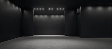 Modern minimalist mockup featuring an empty concrete hallway with black walls and LED lights lining the ceiling photo
