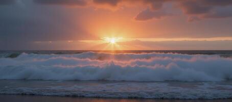 A creative copyspace image featuring a mystical sunrise over an ocean veiled by foggy clouds photo