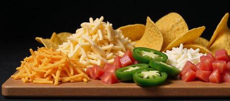 Nachomaking essentials corn chips cheese diced tomatoes and sliced jalapenos photo